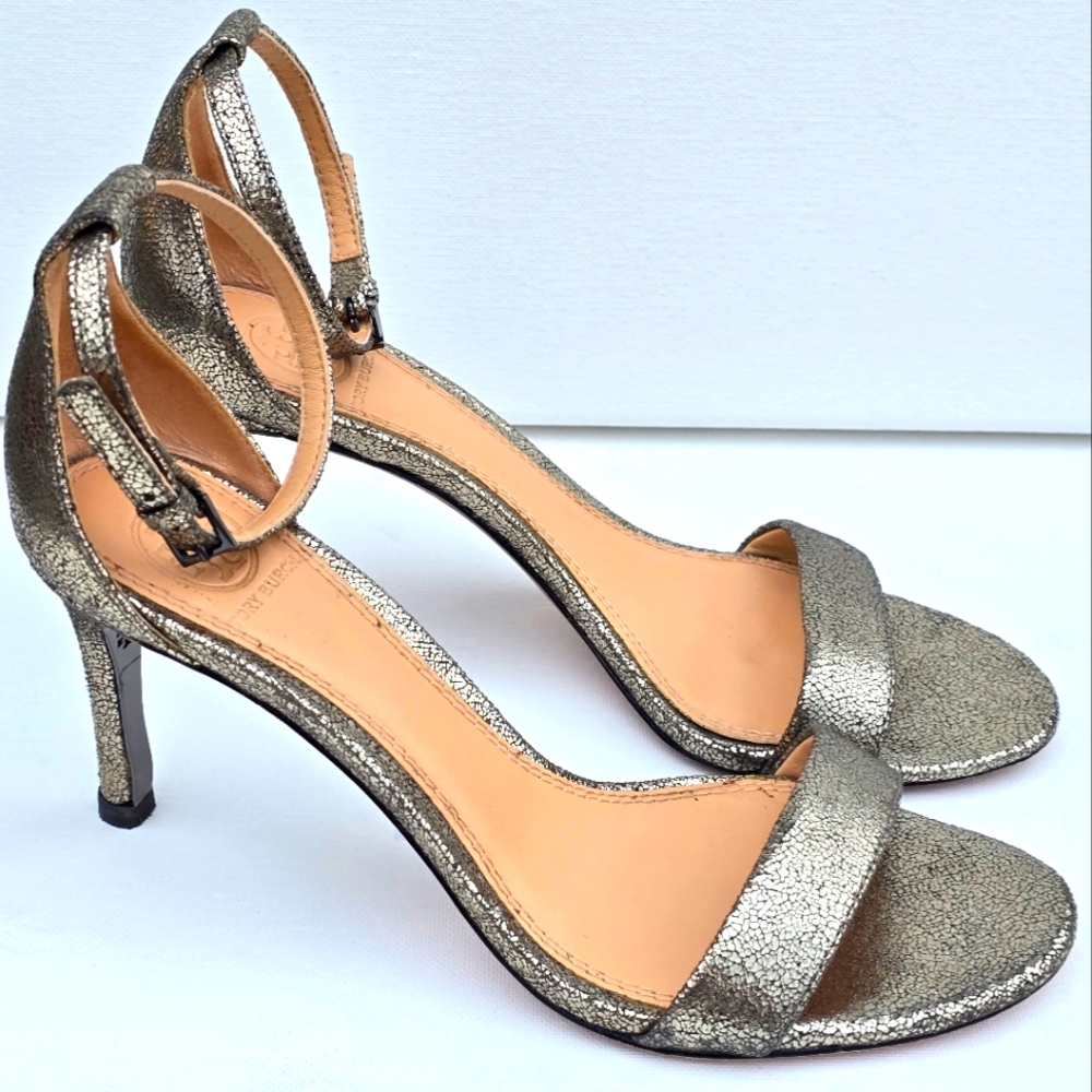 Tory Burch Sz 6.5 M Ankle Strap Gold/Grey Pebled Leather Stiletto Heels Sandals